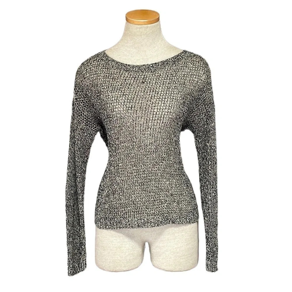 Eileen Fisher Netted Sweater Linen Wool Tan Black Open Knit Petite Medium